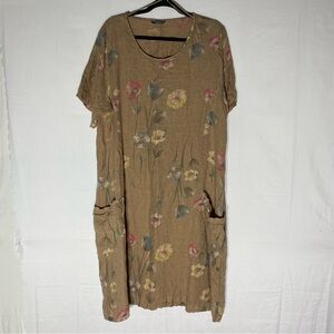 Piazza Del Tempio Brown Linen Floral Print Maxi Dress with Pockets 3X Boho